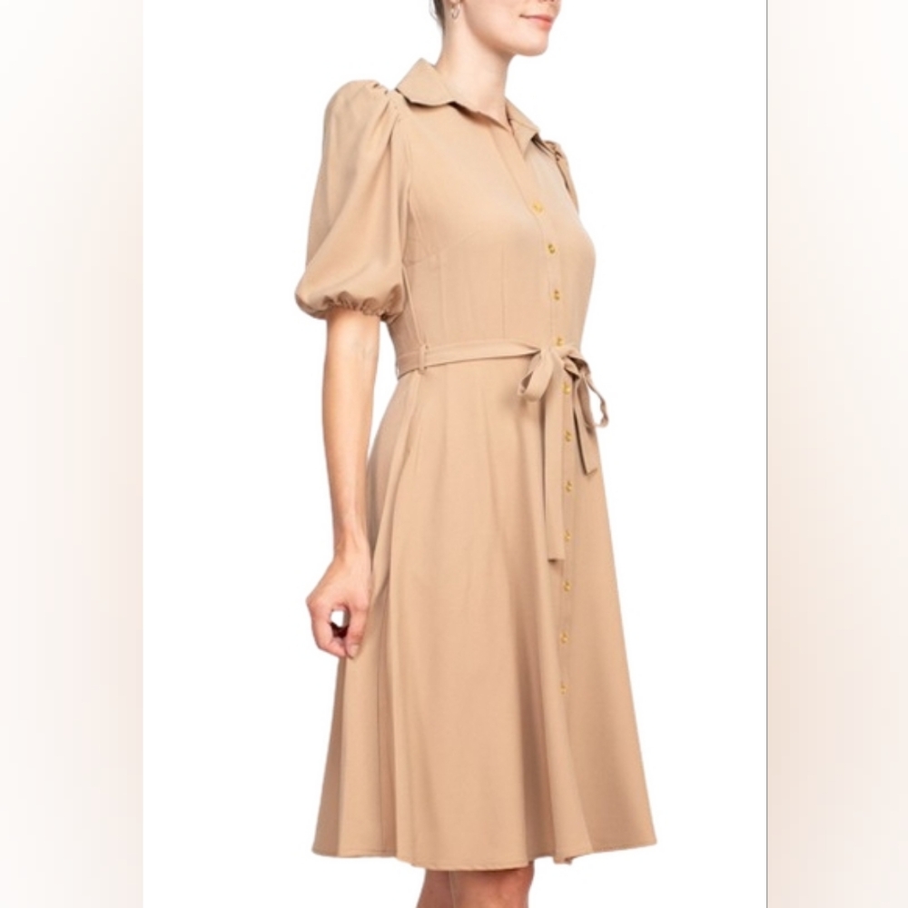 Sharagano Puff-Sleeve Button-Front Midi Dress